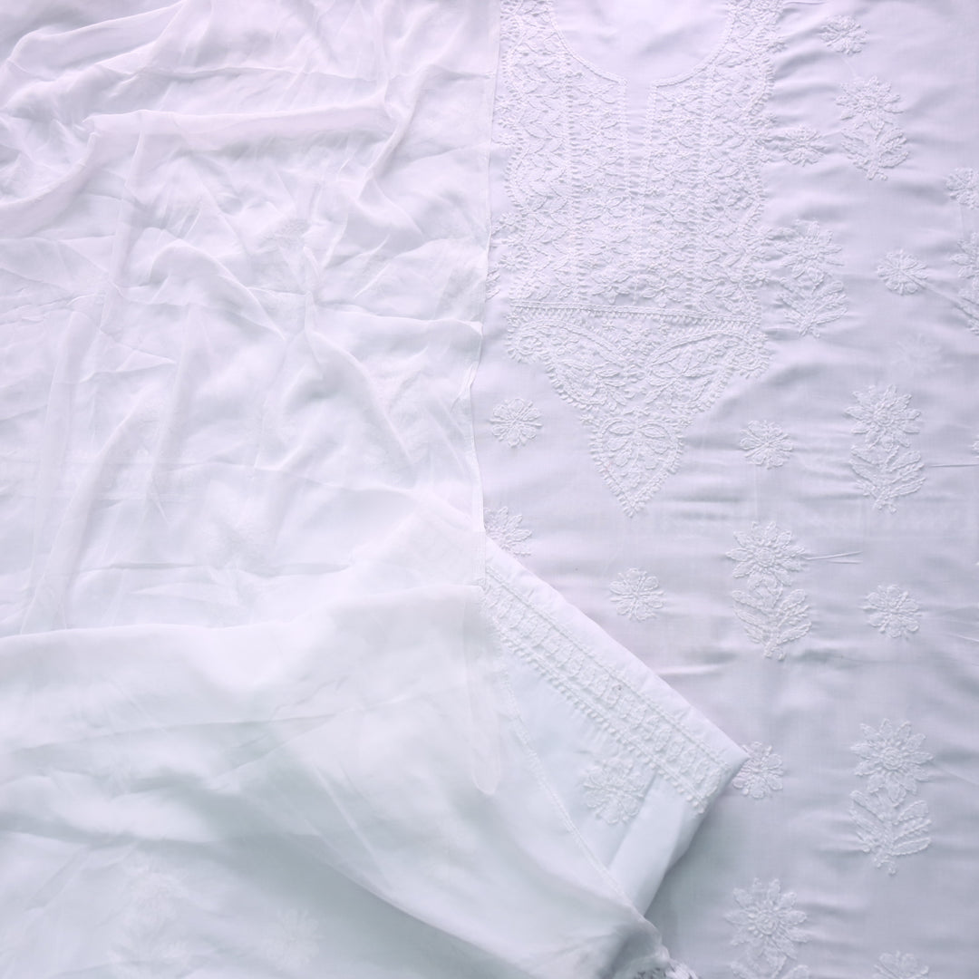 Mohataaz Pearl White Authentic Chikankari Cotton Top with Chiffon Dupatta-D3