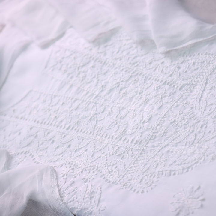 Mohataaz Pearl White Authentic Chikankari Cotton Top with Chiffon Dupatta-D3