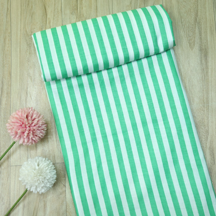 Haseen White with Green Stripe Printed Cotton Fabric