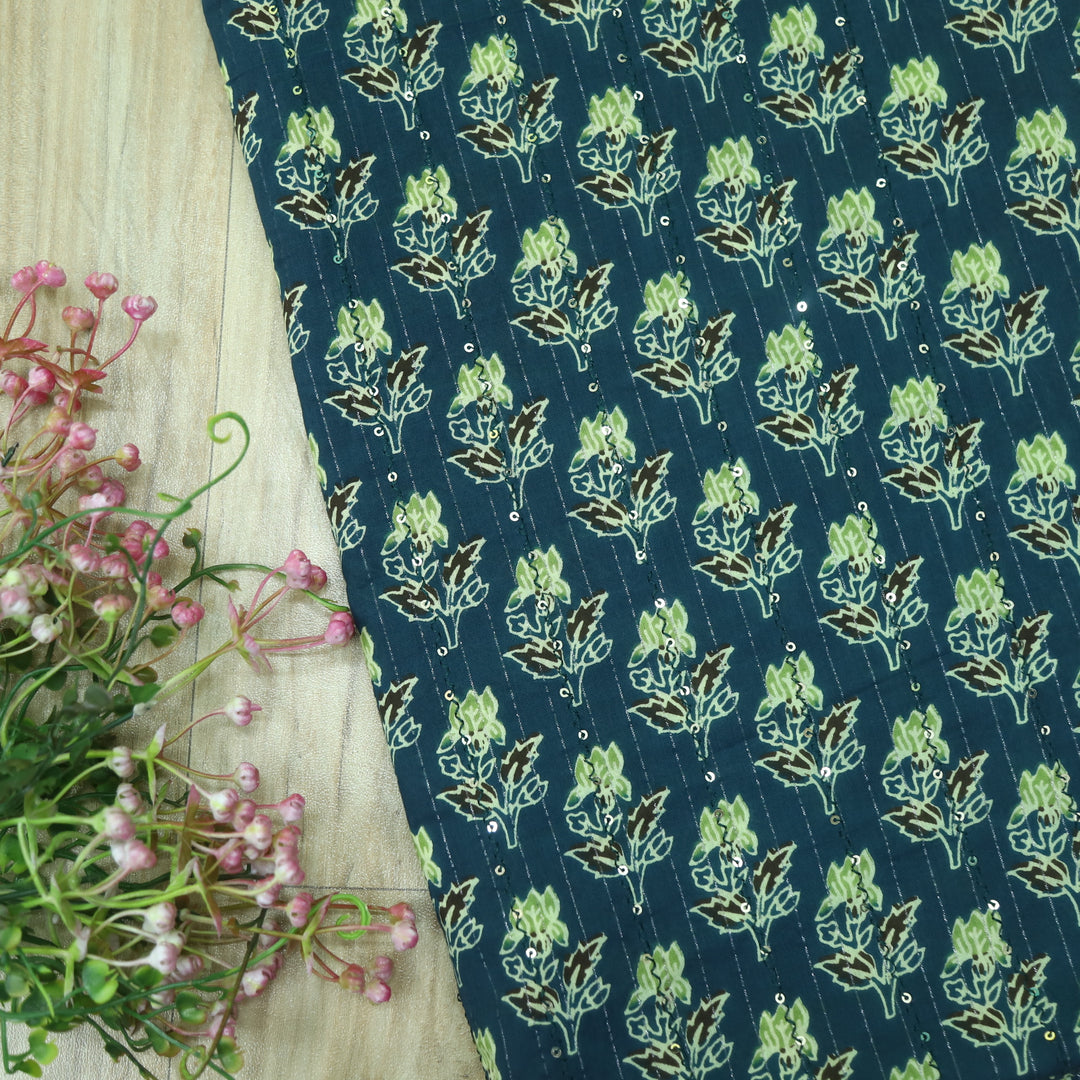 Haseen Arabian Green Sequin Work Ajrak Printed Cotton Fabric
