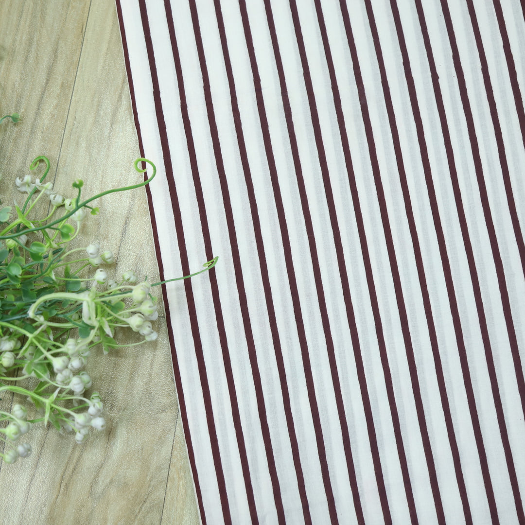 Haseen White with Brown Stripe Printed Cotton Fabric