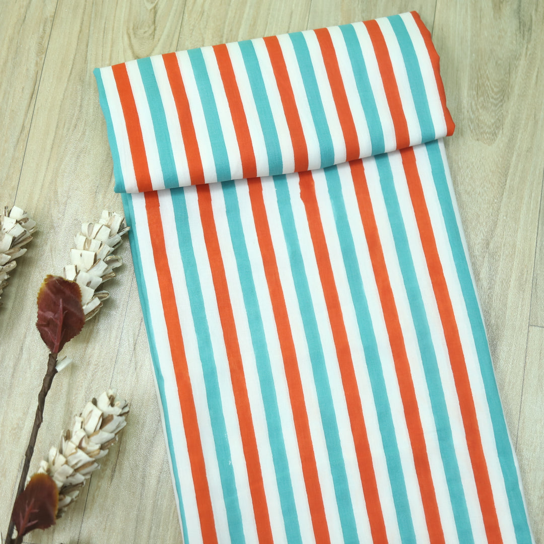 Haseen White with Orange and Aqua Stripe Printed Cotton Fabric