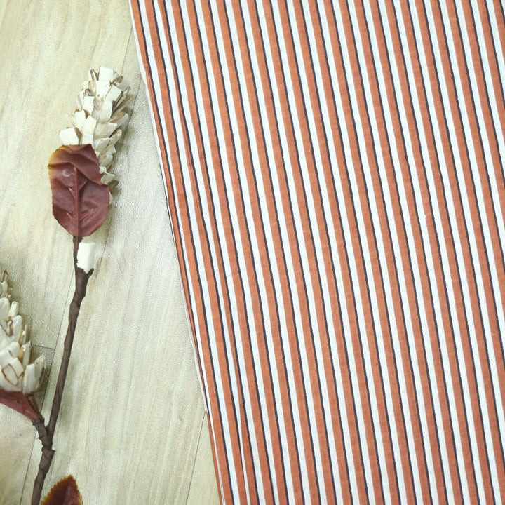 Haseen White with Orange Stripe Printed Cotton Fabric