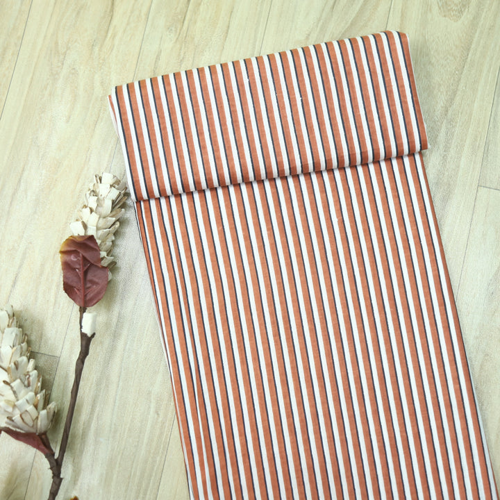 Haseen White with Orange Stripe Printed Cotton Fabric