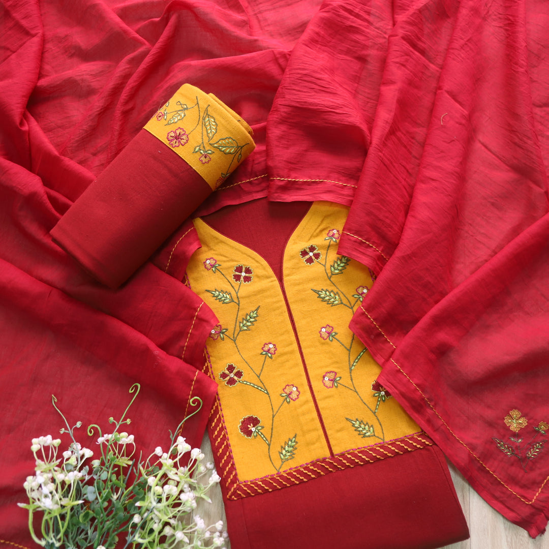 Rukshat Maroon Red Thread Embroidery Patch Neck Cotton Flex Suit Set