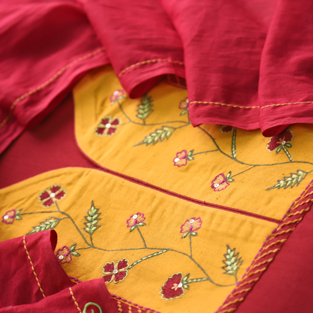 Rukshat Maroon Red Thread Embroidery Patch Neck Cotton Flex Suit Set