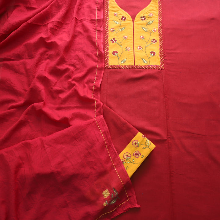Rukshat Maroon Red Thread Embroidery Patch Neck Cotton Flex Suit Set