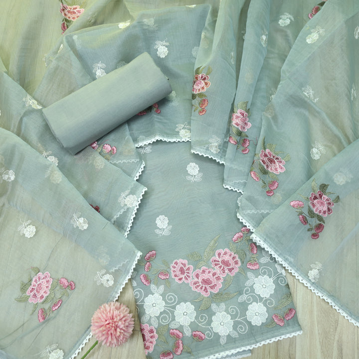 Mahi Fossil Grey All Over Thread Embroidered Kota Doriya suit Set