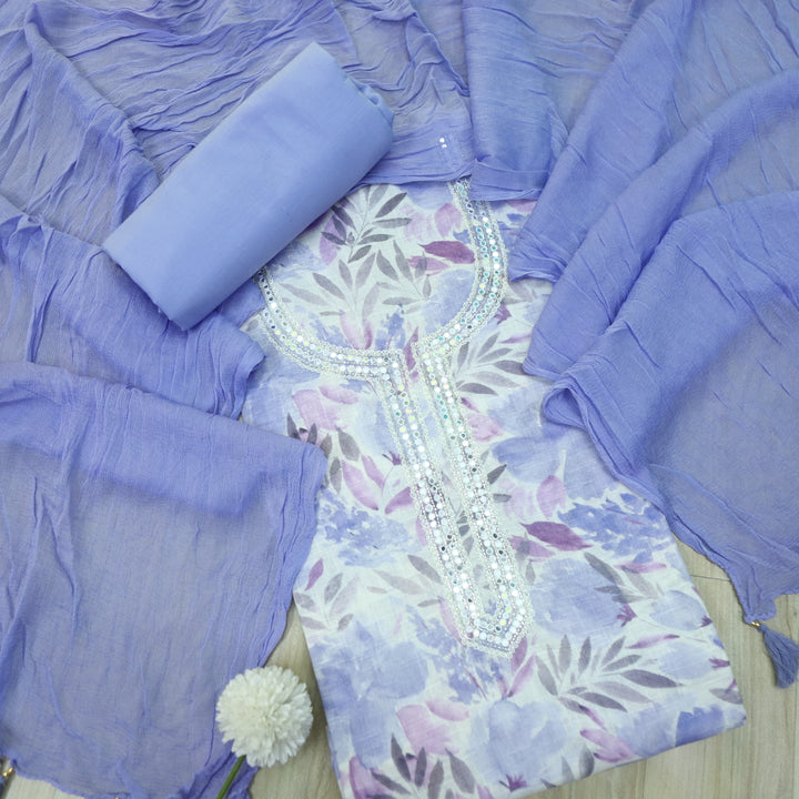 Sahiba White with Purple Floral Print Embellished Neck Cotton Linen Suit Set
