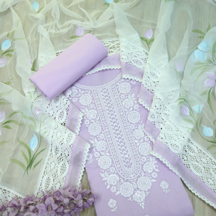 Keher Lavender Purple Embroidered Neck Work Kota Suit Set