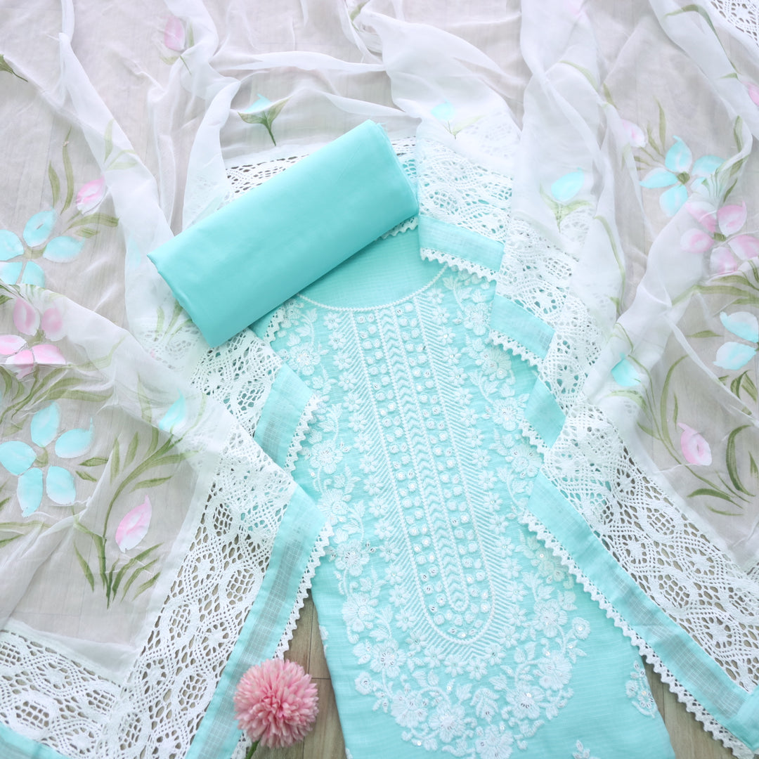 Keher Sea Blue Embroidered Neck Work Kota Suit Set