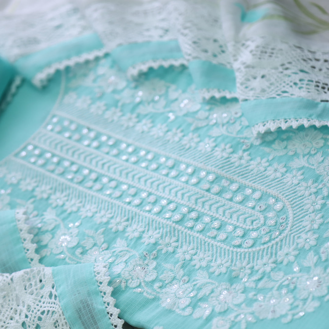 Keher Sea Blue Embroidered Neck Work Kota Suit Set