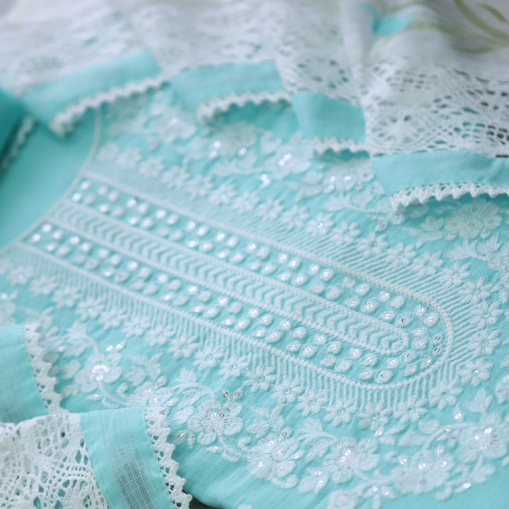 Keher Sea Blue Embroidered Neck Work Kota Suit Set