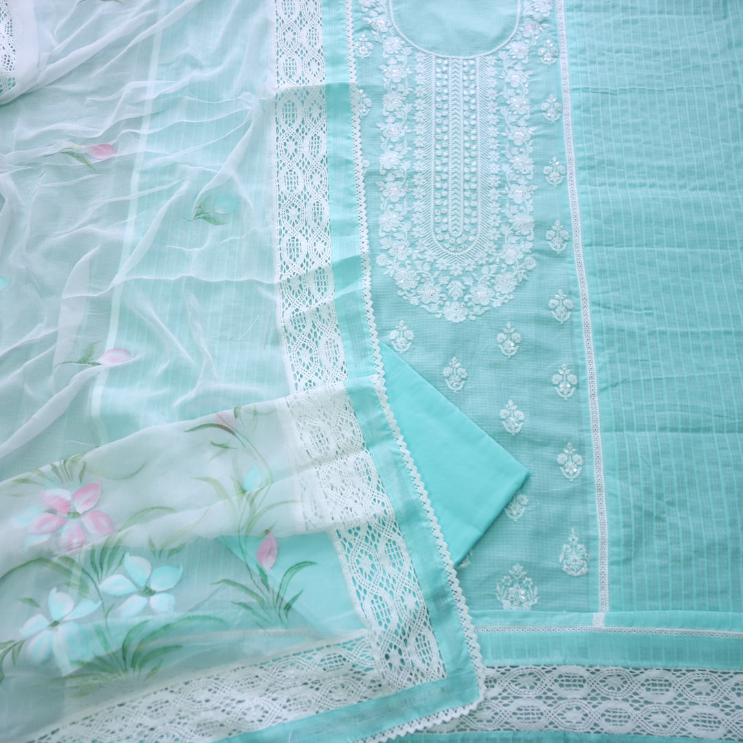 Keher Sea Blue Embroidered Neck Work Kota Suit Set