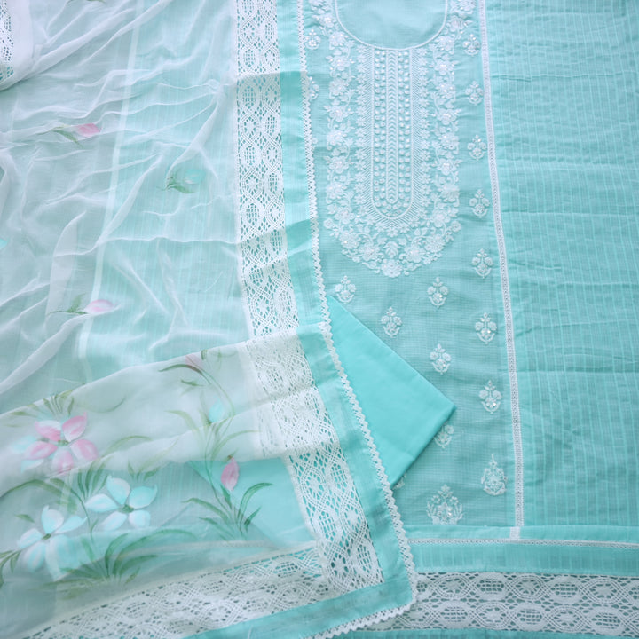 Keher Sea Blue Embroidered Neck Work Kota Suit Set