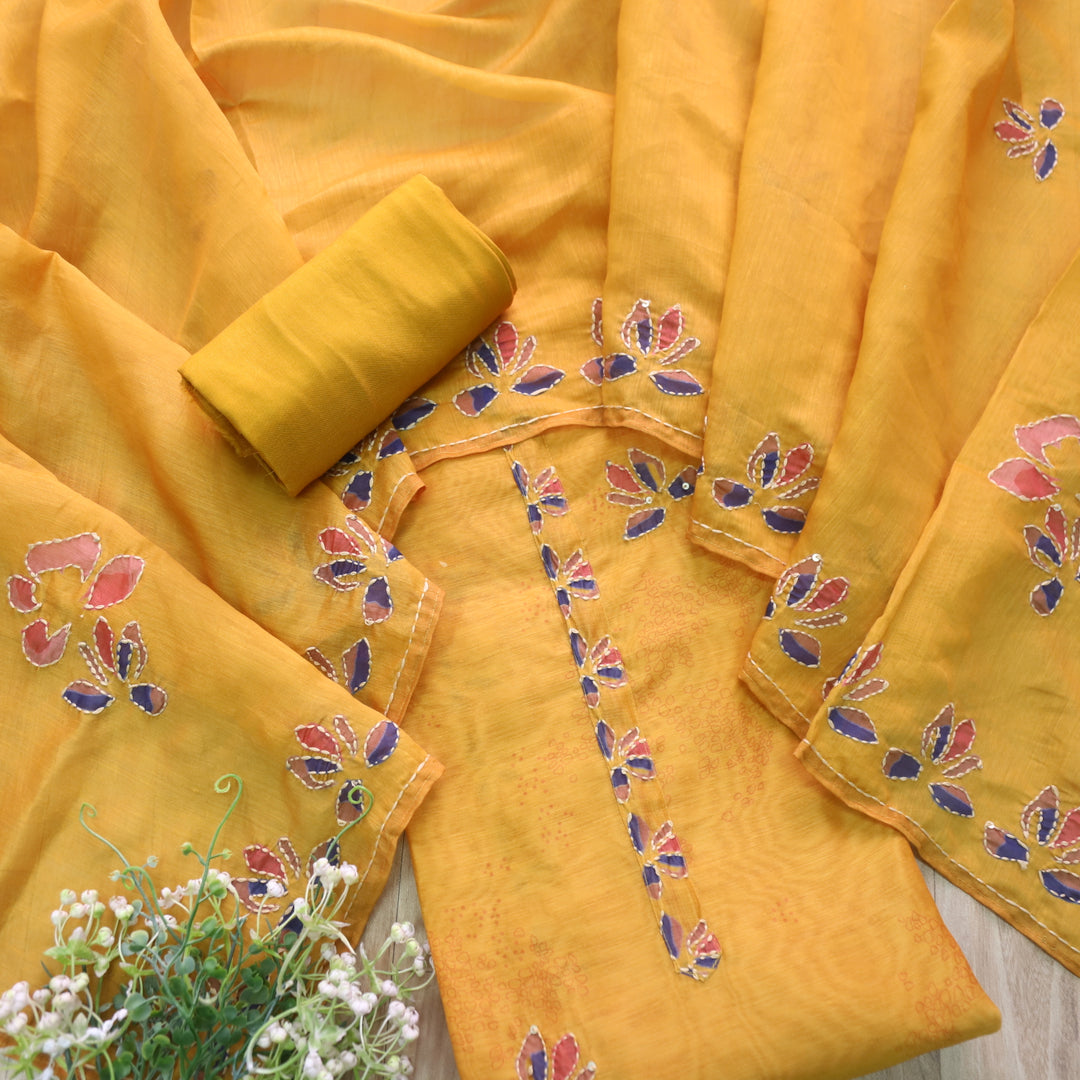 Alhada Dandelion Yellow Kantha Embroidery Chanderi Suit Set