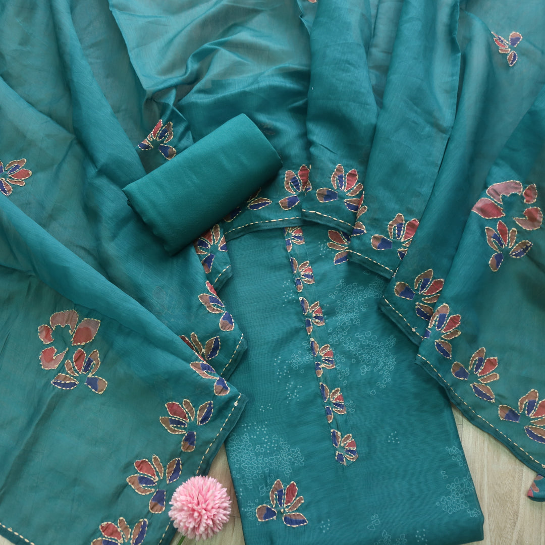 Alhada Sea Form Blue Kantha Embroidery Chanderi Suit Set