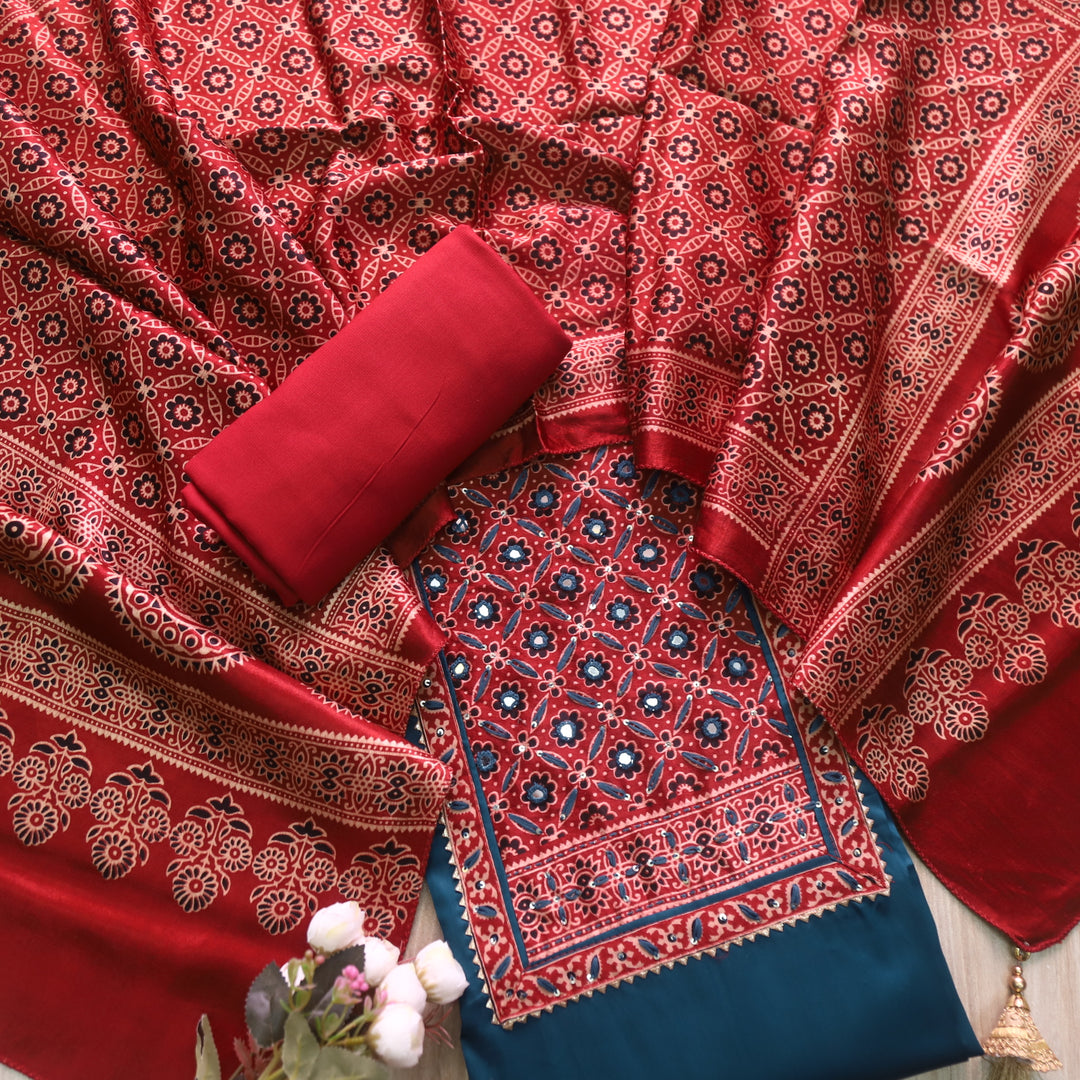 Noor Denim Blue Glazed Cotton Top and Digital Printed Mashru Dupatta
