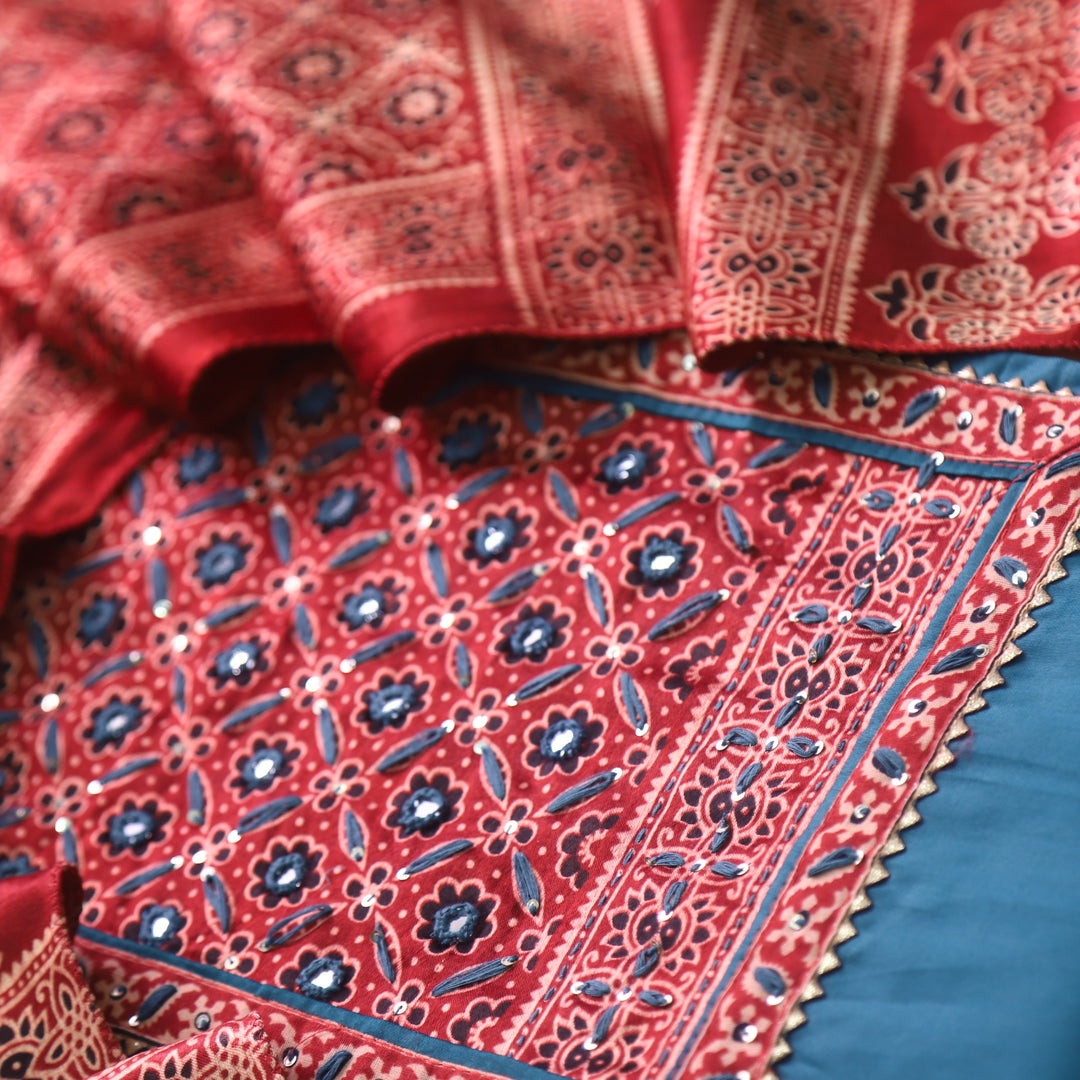 Noor Denim Blue Glazed Cotton Top and Digital Printed Mashru Dupatta