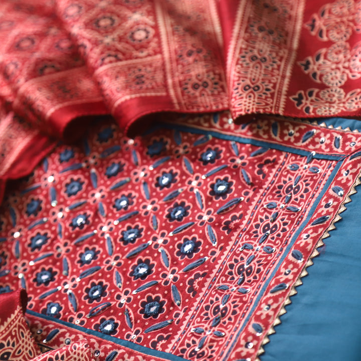 Noor Denim Blue Glazed Cotton Top and Digital Printed Mashru Dupatta
