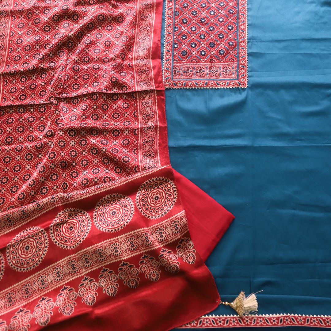 Noor Denim Blue Glazed Cotton Top and Digital Printed Mashru Dupatta