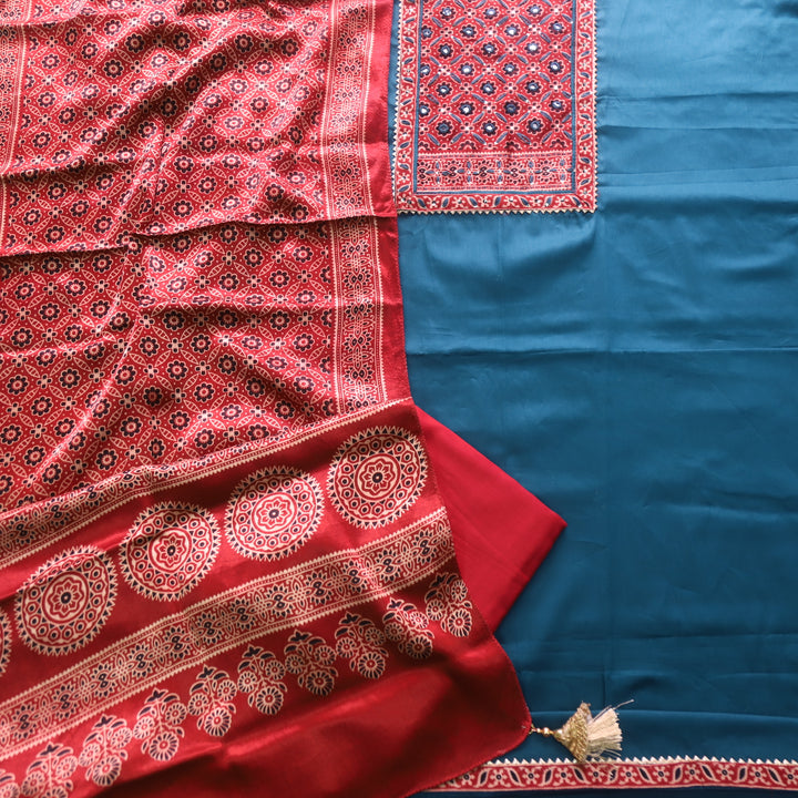 Noor Denim Blue Glazed Cotton Top and Digital Printed Mashru Dupatta