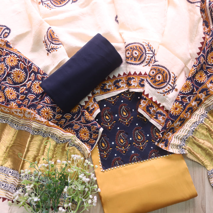 Noor Canary Yellow Kardana with Ajrak Print Neck Patch Glazed Cotton Suit Set
