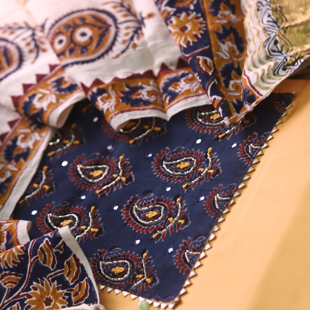 Noor Canary Yellow Kardana with Ajrak Print Neck Patch Glazed Cotton Suit Set