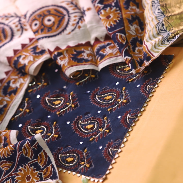 Noor Canary Yellow Kardana with Ajrak Print Neck Patch Glazed Cotton Suit Set
