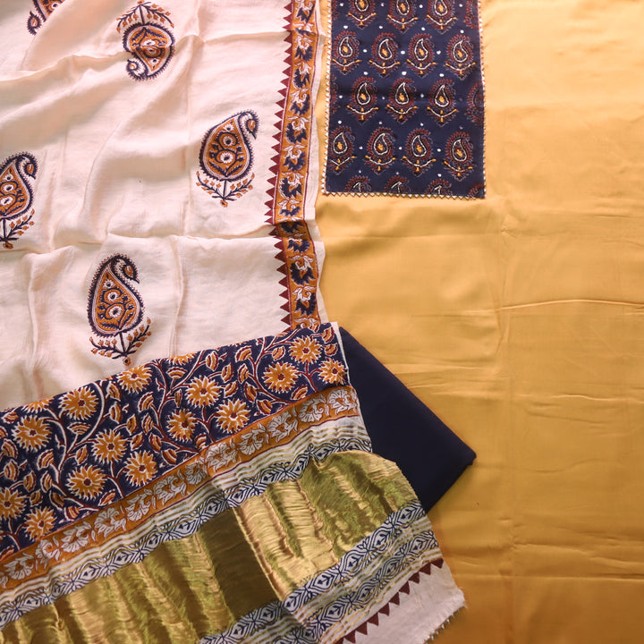 Noor Canary Yellow Kardana with Ajrak Print Neck Patch Glazed Cotton Suit Set