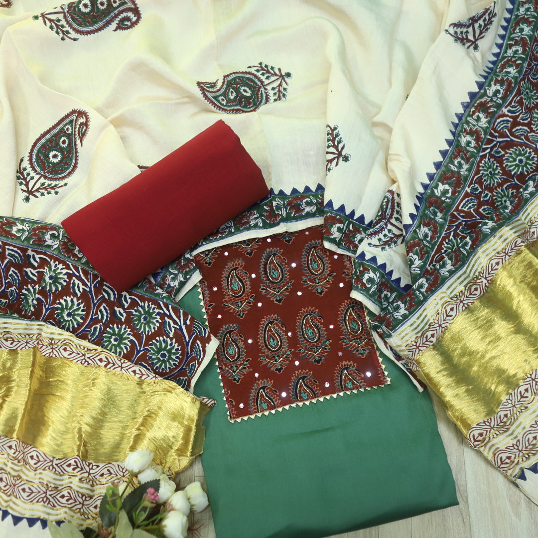 Noor Sage Green Kardana with Ajrak Print Neck Patch Glazed Cotton Suit Set
