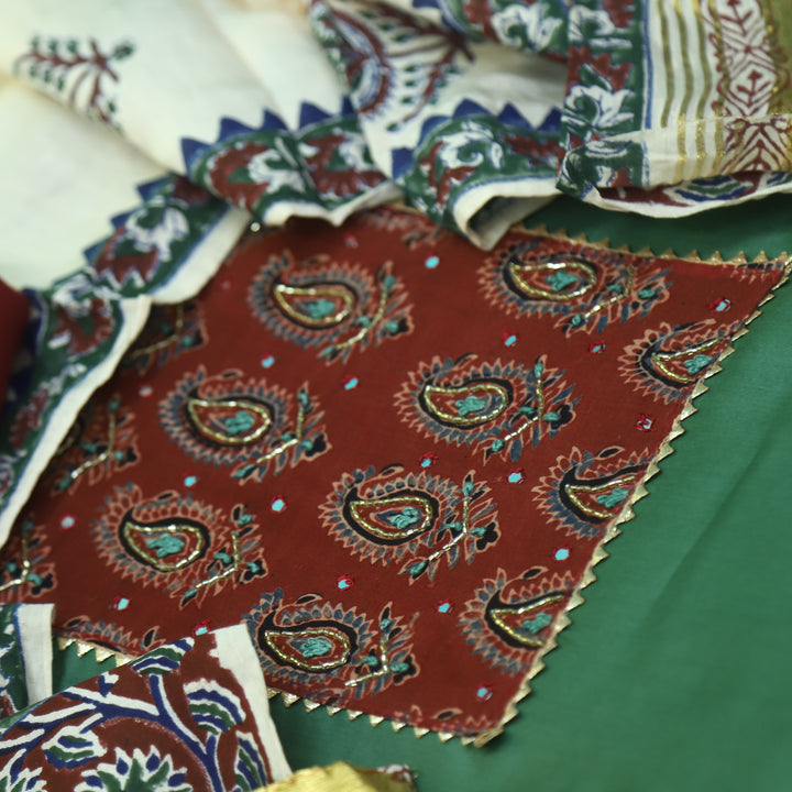 Noor Sage Green Kardana with Ajrak Print Neck Patch Glazed Cotton Suit Set