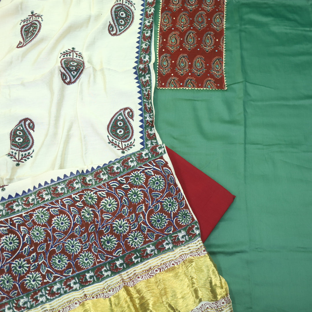 Noor Sage Green Kardana with Ajrak Print Neck Patch Glazed Cotton Suit Set