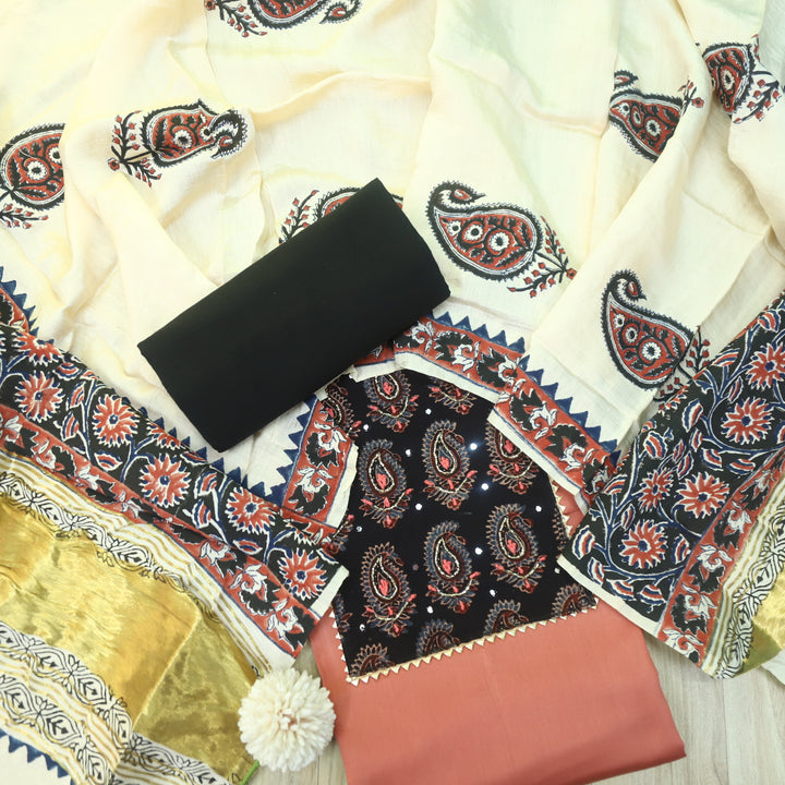 Noor Blush Peach Kardana with Ajrak Print Neck Patch Glazed Cotton Suit Set