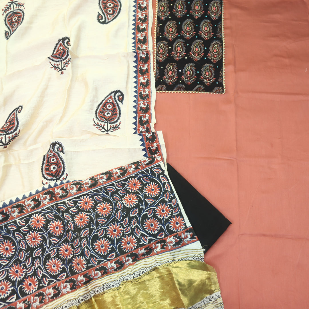 Noor Blush Peach Kardana with Ajrak Print Neck Patch Glazed Cotton Suit Set