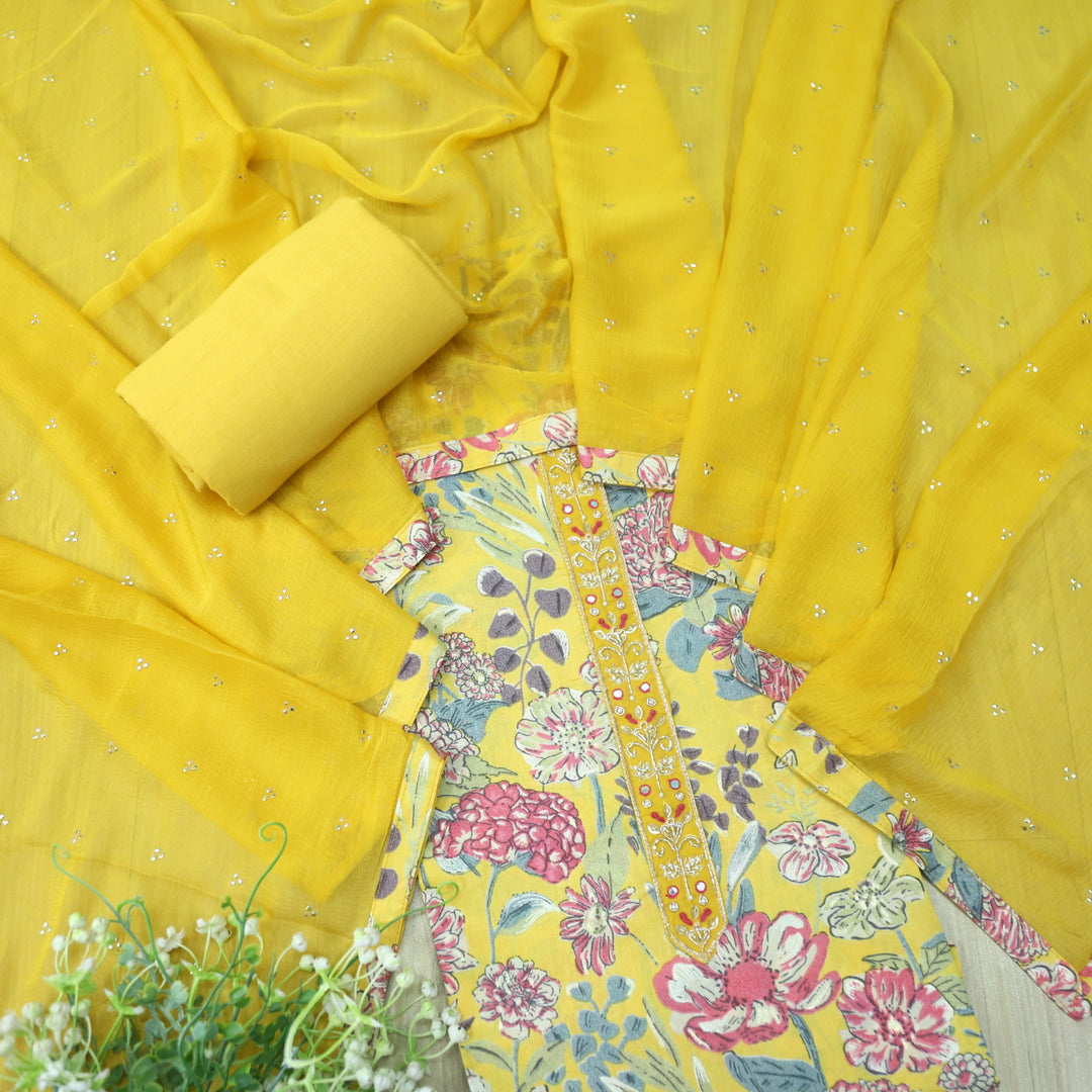 Guzaarish Sunflower Yellow Patch Work Neck Floral Printed Cotton Suit Set