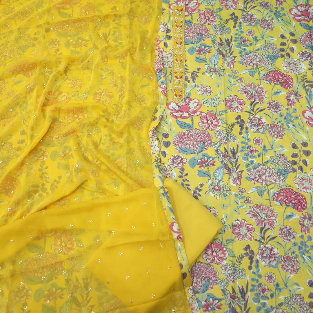 Guzaarish Sunflower Yellow Patch Work Neck Floral Printed Cotton Suit Set