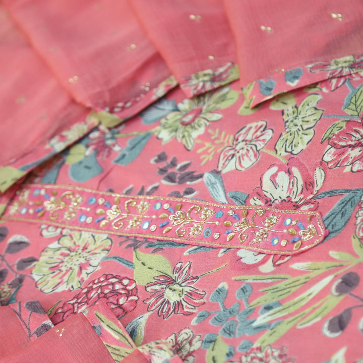 Guzaarish Flamingo Pink Patch Work Neck Floral Printed Cotton Suit Set
