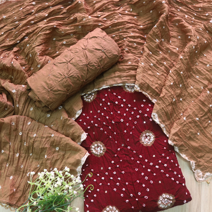 Bandegi Choco Brown and Beige Authentic Bandhej Work Cotton Suit Set