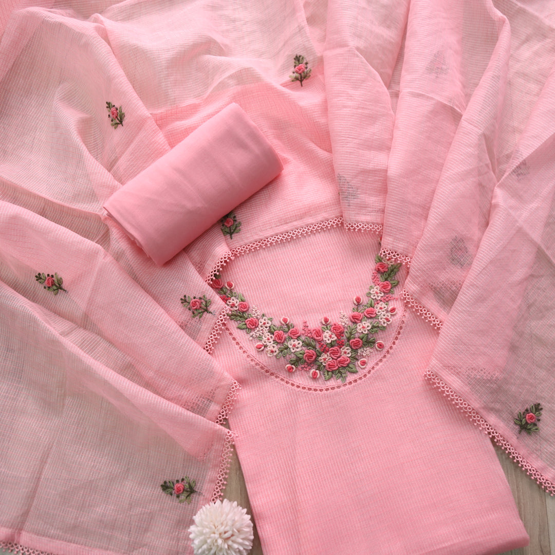 Gulbahar Soft Pink Floral Thread Neck Work Kota Doriya Suit Set