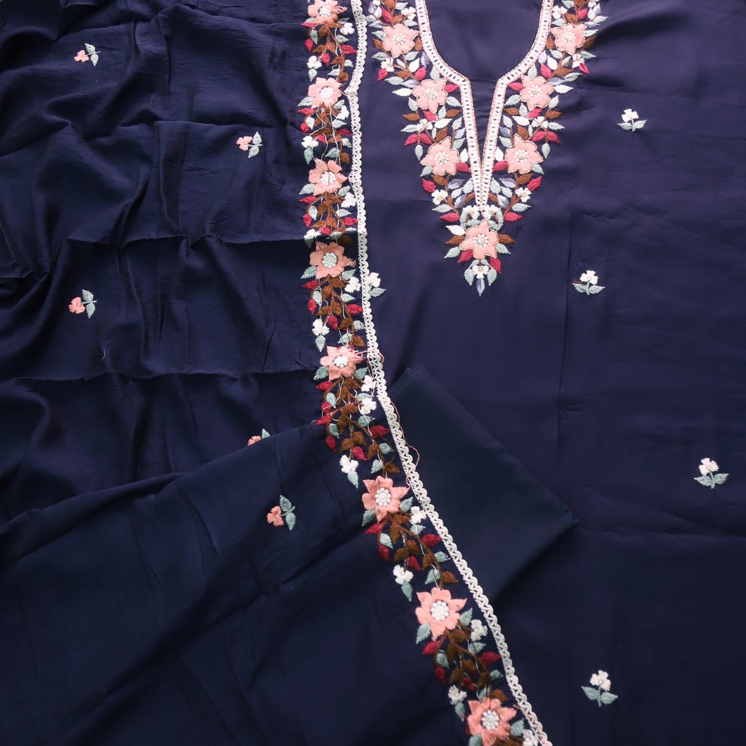 Riwayaat Deep Blue Chikankari inspired Neck Work Modal Chanderi Suit Set