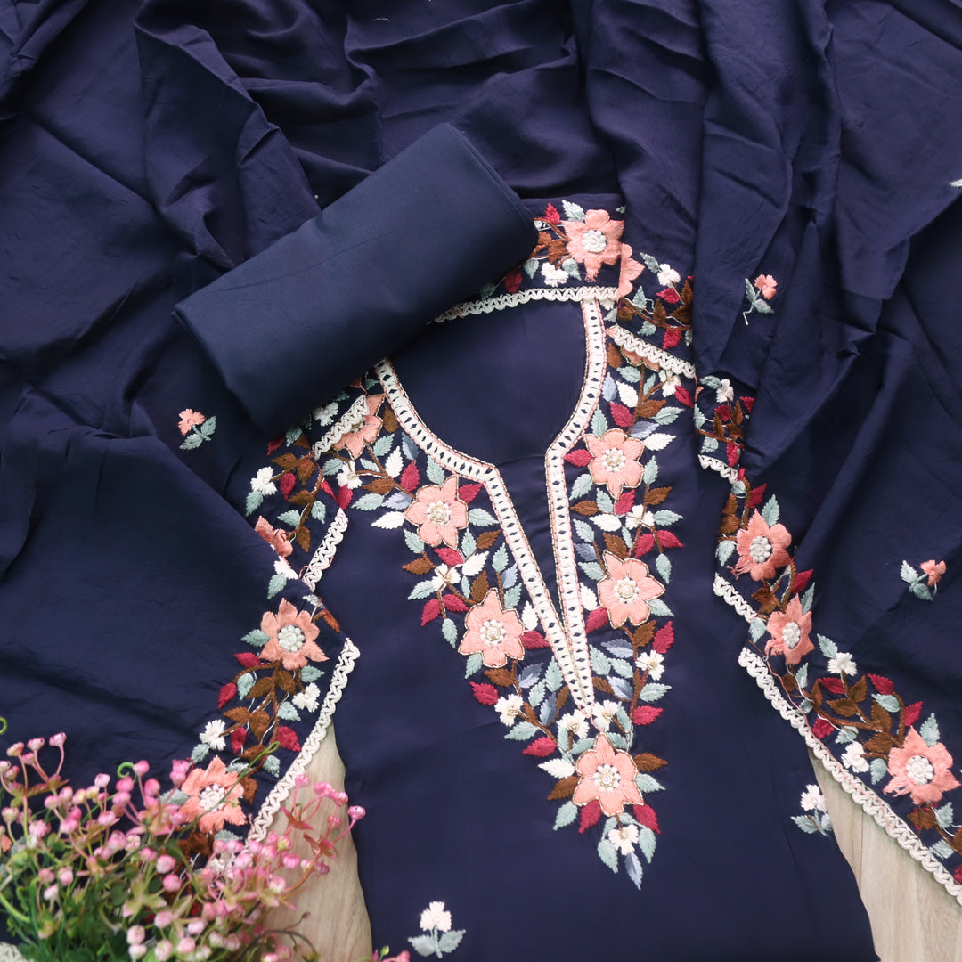 Riwayaat Deep Blue Chikankari inspired Neck Work Modal Chanderi Suit Set