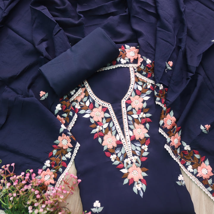 Riwayaat Deep Blue Chikankari inspired Neck Work Modal Chanderi Suit Set