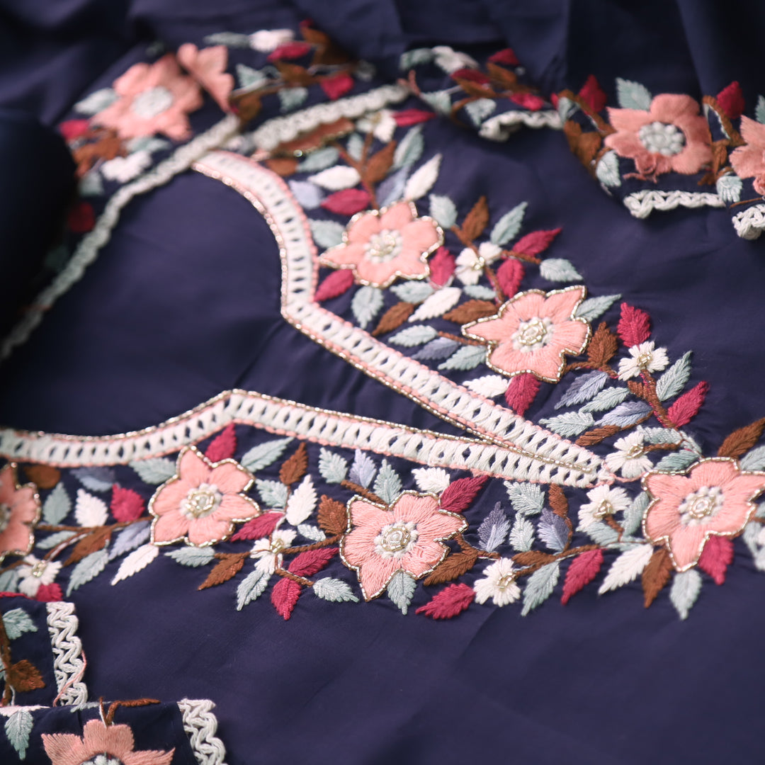 Riwayaat Deep Blue Chikankari inspired Neck Work Modal Chanderi Suit Set