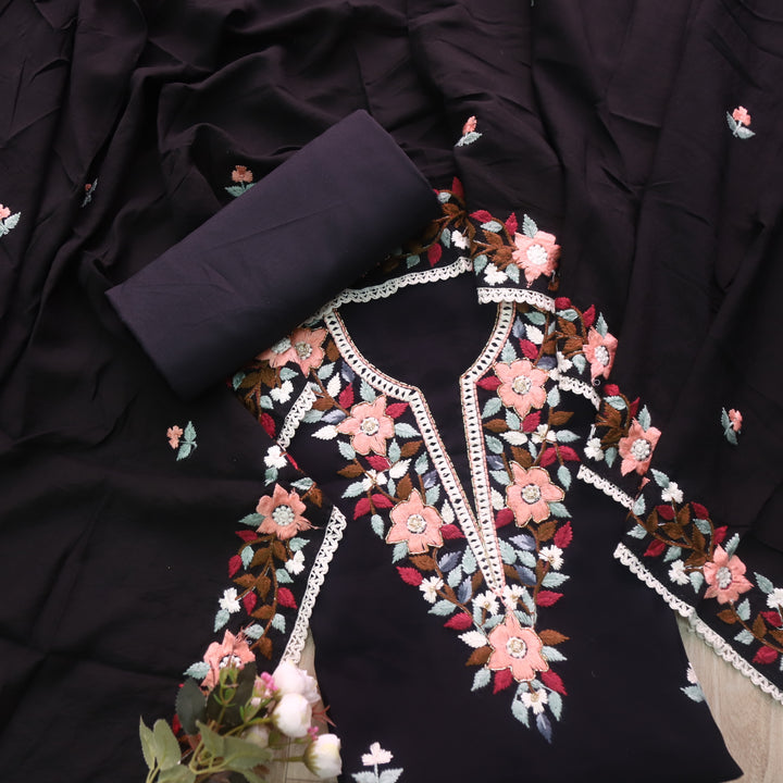 Riwayaat Black Chikankari inspired Neck Work Modal Chanderi Suit Set