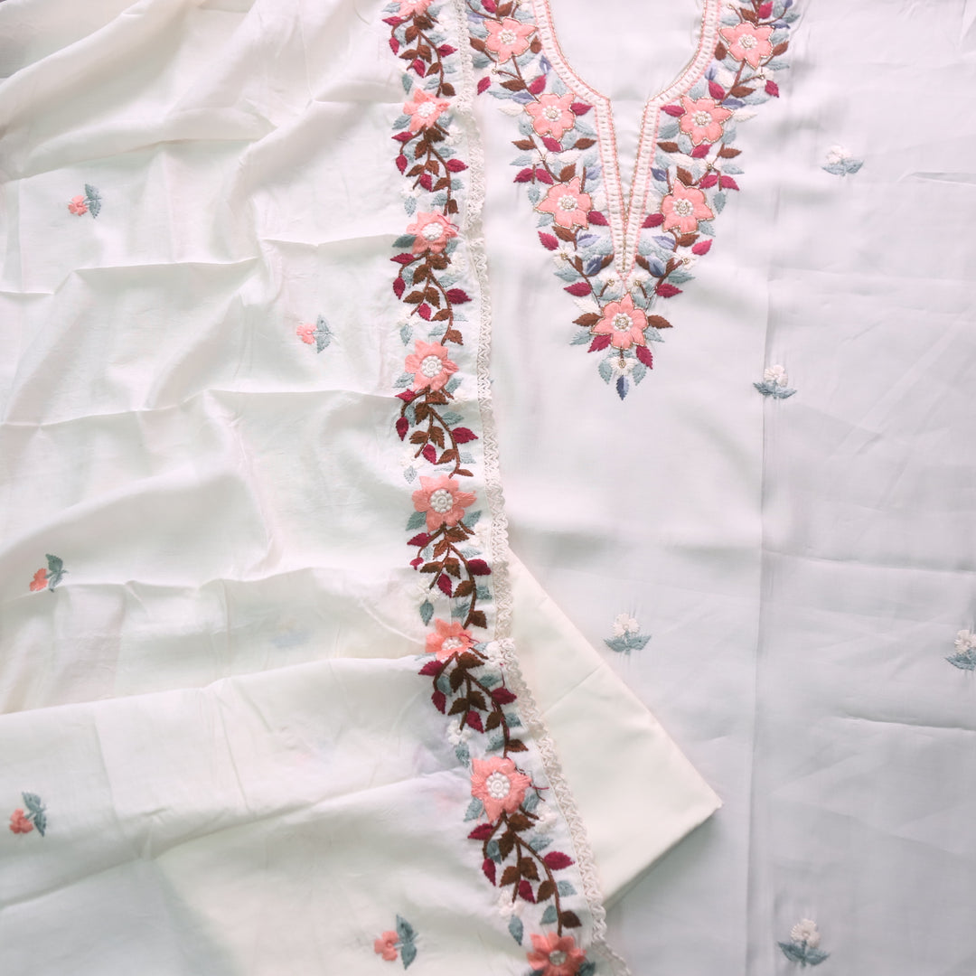 Riwayaat White Chikankari inspired Neck Work Modal Chanderi Suit Set
