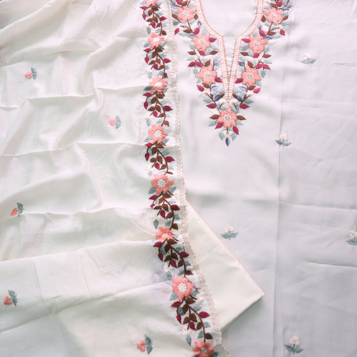 Riwayaat White Chikankari inspired Neck Work Modal Chanderi Suit Set