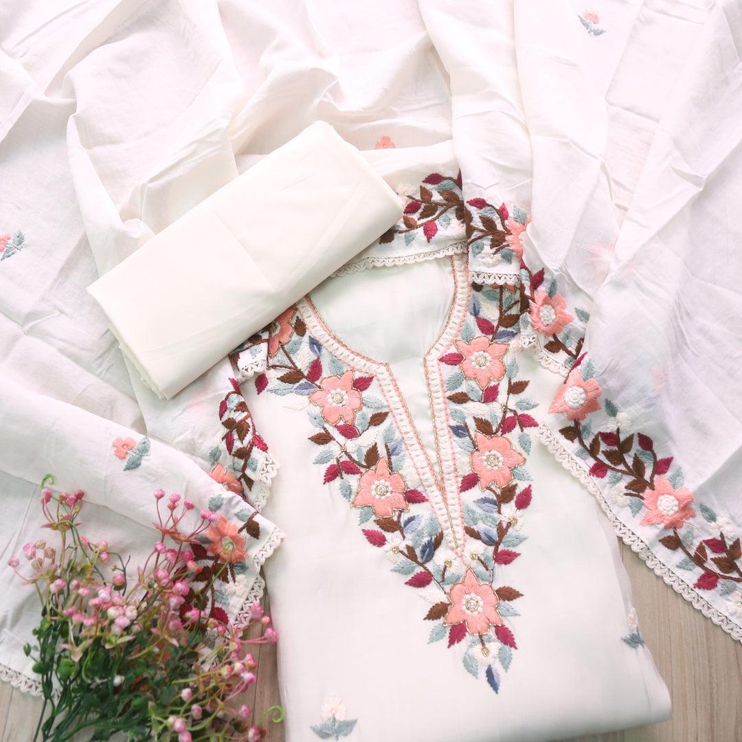 Riwayaat White Chikankari inspired Neck Work Modal Chanderi Suit Set