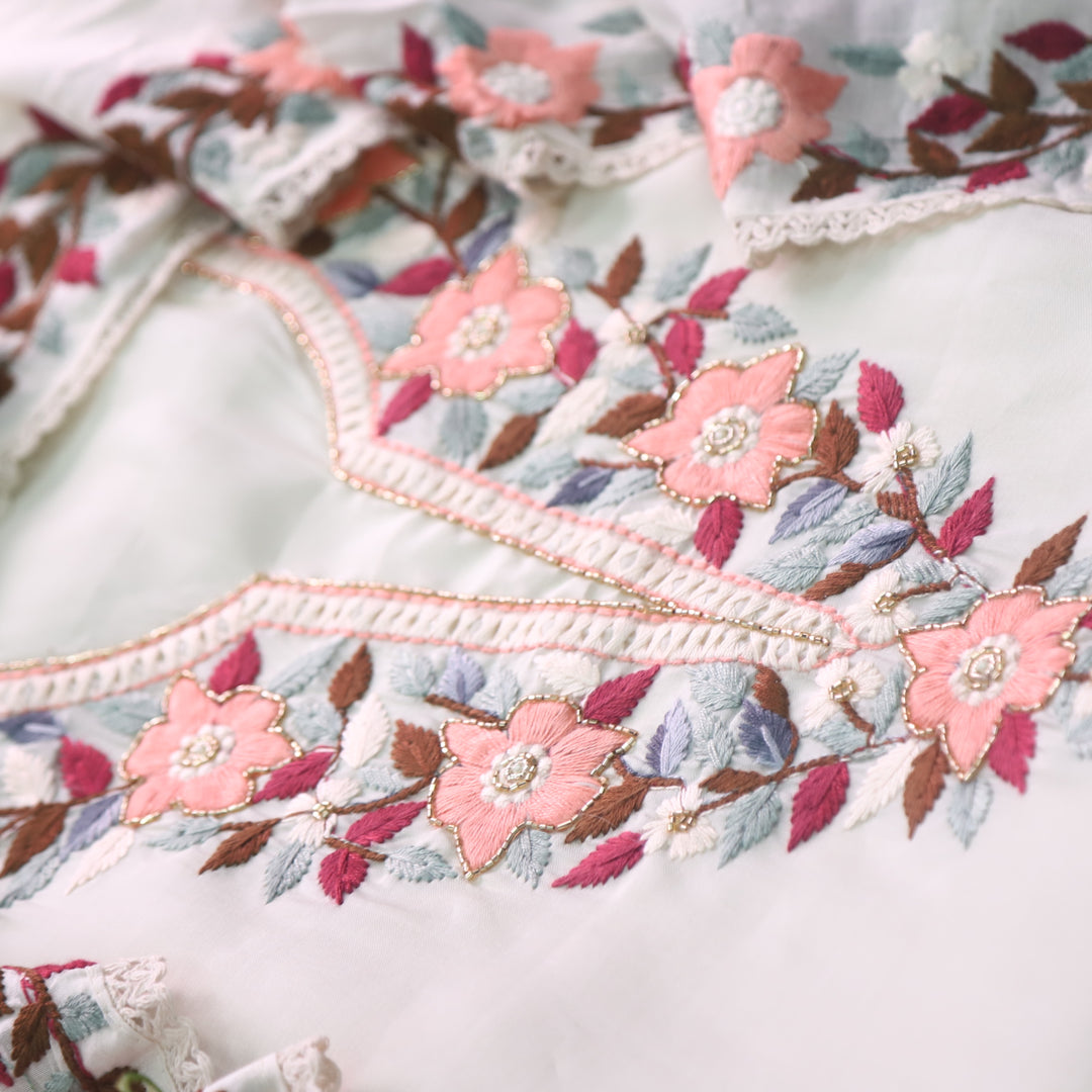 Riwayaat White Chikankari inspired Neck Work Modal Chanderi Suit Set