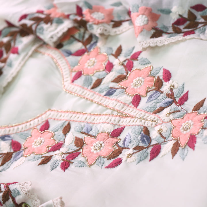 Riwayaat White Chikankari inspired Neck Work Modal Chanderi Suit Set